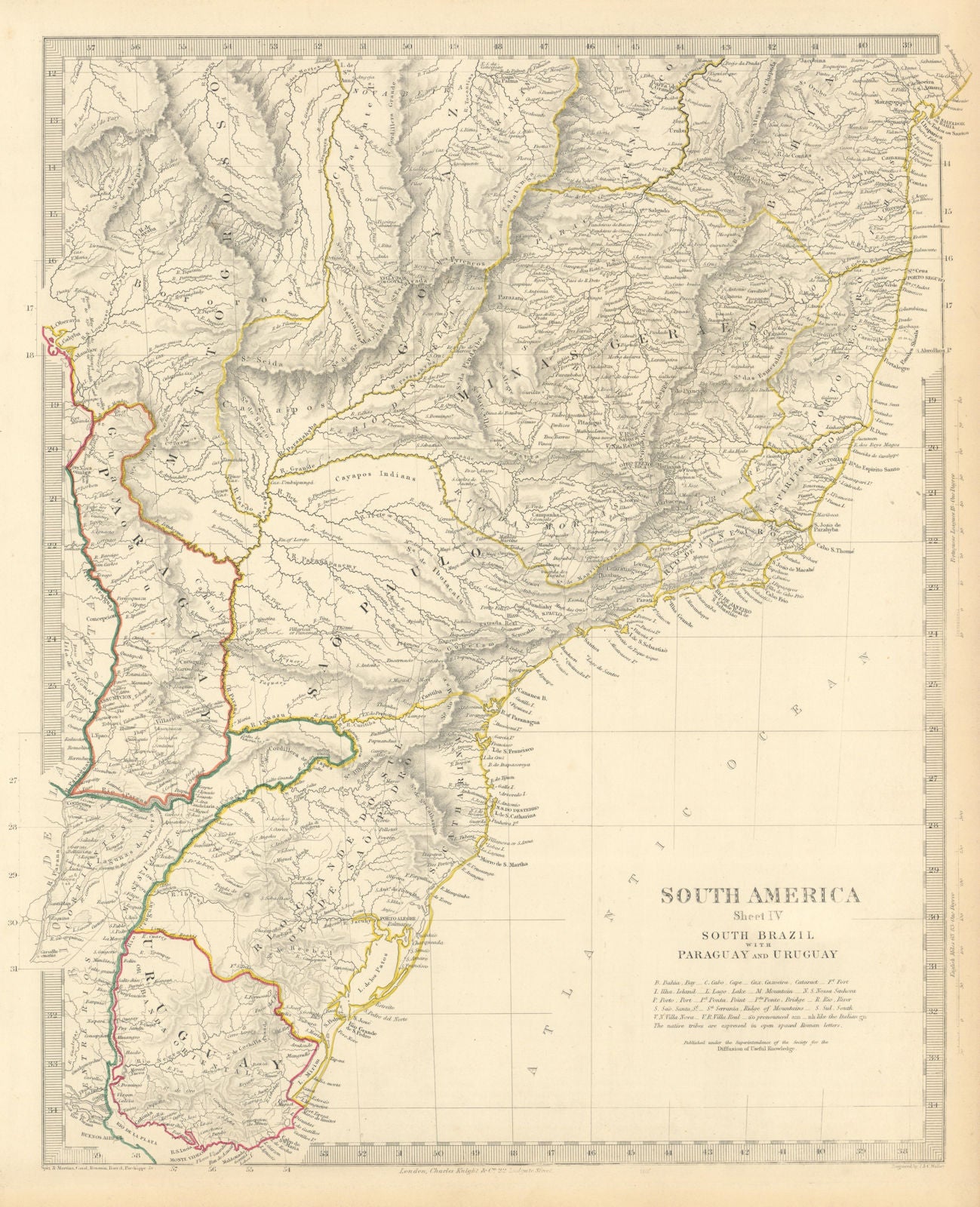 SOUTH BRAZIL PARAGUAY URUGUAY. Bahia Minas Gerais Sao Paolo. SDUK 1851 old map